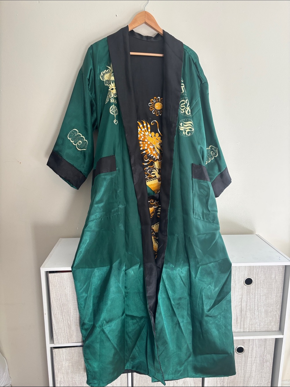 Emerald Green Satin Embroidered Long Kimono Coat
